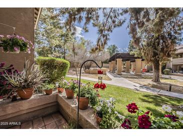 Charming courtyard view with vibrant flowers, a hummingbird feeder, and relaxing pergola space at 5230 E Brown Rd # 117, Mesa, AZ 85205