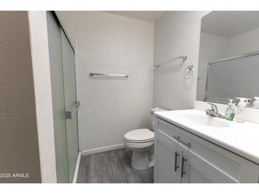 Bright bathroom featuring gray wood-look tile flooring, a vanity with white cabinets, and a glass-enclosed shower at 913 N Trekell Rd, Casa Grande, AZ 85122