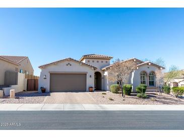 Charming single-story home with a well-manicured front yard and a two-car garage on a sunny day at 10249 W Redbird Rd, Peoria, AZ 85383