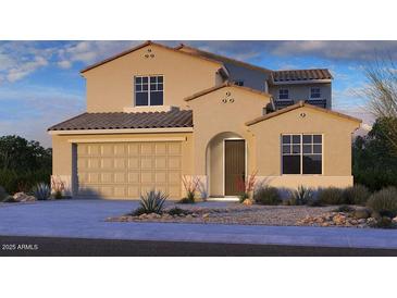 Charming two-story home with tile roof, arched entryway, two car garage, and desert landscaping at 8842 W Orange Dr, Glendale, AZ 85305