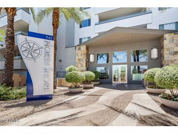 Inviting building entrance featuring lush landscaping and stylish North Shore signage at 945 E Playa Del Norte Dr # 5023, Tempe, AZ 85288