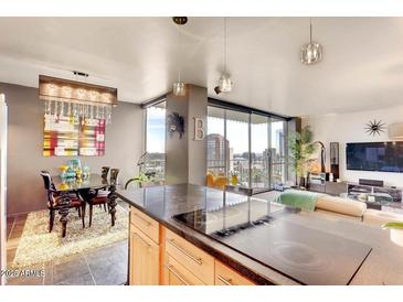 Bright living space featuring city views, modern lighting, and a sleek kitchen with stainless steel appliances at 207 W Clarendon Ave # G18, Phoenix, AZ 85013