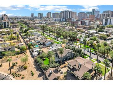 Scenic aerial view of houses with palm trees in a suburban community, with a city skyline in the background under a sunny sky at 348 W Portland St, Phoenix, AZ 85003