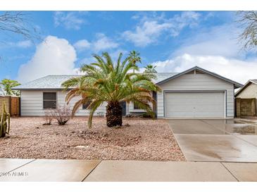 Charming single-story home featuring a well-maintained front yard with a palm tree and a two-car garage at 8027 E Quarterline Rd, Mesa, AZ 85207