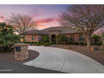 Stunning single-story home featuring a private driveway and a meticulously landscaped front yard with mature trees at sunset at 1096 W Via De Palmas --, San Tan Valley, AZ 85140