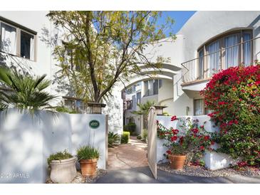 Inviting front entrance with lush landscaping, bougainvillea, and white stucco walls at 4955 E Indian School Rd # 5, Phoenix, AZ 85018