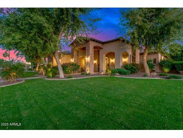 Charming front yard featuring lush green lawn and mature trees, leading to a welcoming entrance at 4431 E Gemini Pl, Chandler, AZ 85249