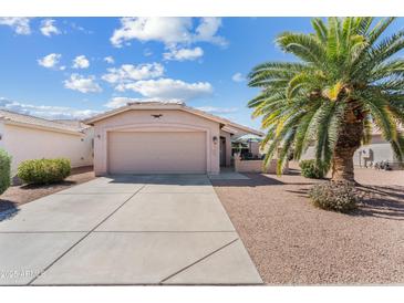 Charming single-story home with a desert landscape, a large palm tree, and a two-car garage at 1433 E Indian Wells Dr, Chandler, AZ 85249