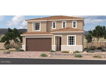 Charming two-story home with a desert landscape, a two car garage, and multiple, bright, white-framed windows at 11619 W Green Dr, Youngtown, AZ 85363