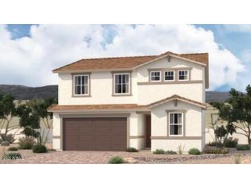 Charming two-story home featuring a two-car garage, a cozy front yard, and neutral-toned exterior at 9058 N 116Th Ln, Youngtown, AZ 85363