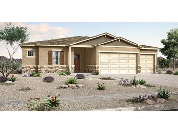 Charming single-story home with a stucco exterior, stone accents, desert landscaping, and a three-car garage at 28251 N 134Th Dr, Peoria, AZ 85383