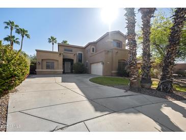 Spacious home featuring a large driveway, well-manicured lawn and mature palm trees at 1785 S Morrison Ln, Gilbert, AZ 85295