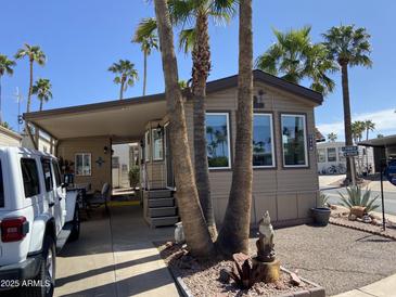 Charming single-story home with mature palm trees and desert landscaping in a vibrant community at 1118 S Shawnee Dr, Apache Junction, AZ 85119