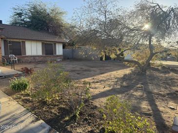 Sun-drenched front yard with mature trees and shrubs offers ample space for landscaping and outdoor enjoyment at 6751 W Cameron Dr, Peoria, AZ 85345