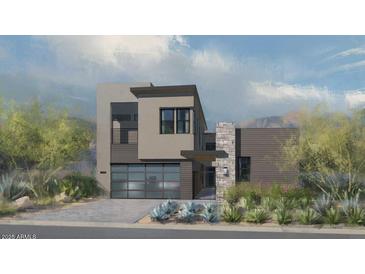 Striking two-story modern home with a spacious garage, stone accents, and beautiful desert landscaping at 18559 N 92Nd Pl, Scottsdale, AZ 85255