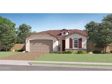 Charming single-story home features a two-car garage, desert landscaping, and a tile roof at 20897 S 231St Pl, Queen Creek, AZ 85142