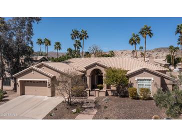 Charming single-story home with a neutral color palette and landscaped front yard with palm trees and mountain views at 3020 E Rockledge Rd, Phoenix, AZ 85048