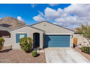 Charming single-story home with blue garage door, shutters, and a low maintenance desert landscape at 34210 N Beeblossom Trl, San Tan Valley, AZ 85144