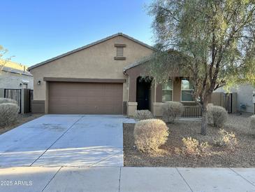 Charming single-story home featuring a spacious driveway, desert landscaping, and a two-car garage at 41309 W Crane Dr, Maricopa, AZ 85138