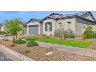 Beautiful single-story home featuring lush green lawn, desert landscaping, and a two car garage at 9734 E Spiral Ave, Mesa, AZ 85212