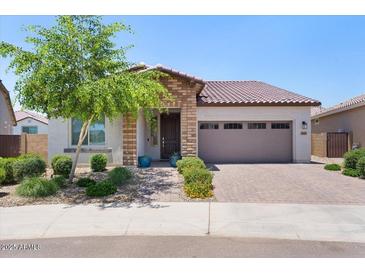 Charming single-story home featuring a brick facade, desert landscaping, and a two-car garage at 24878 N 172Nd Dr, Surprise, AZ 85387