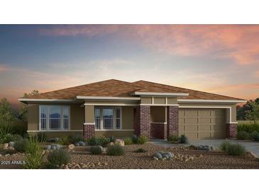 Beautiful single-story home with a brick accent and a two-car garage, perfect for suburban living at 21539 S 191St Pl, Queen Creek, AZ 85140
