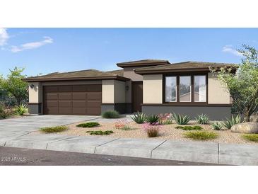 Single-story home with a brown garage, desert landscaping, and a neutral-colored facade at 39801 N Trajen Pl, San Tan Valley, AZ 85140