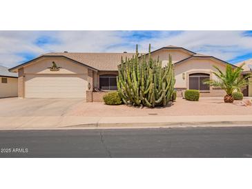 Charming single-story home featuring a two-car garage and beautiful desert landscaping with a towering cactus at 8336 E Neville Ave, Mesa, AZ 85209