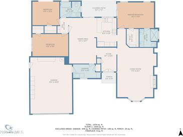 Detailed floor plan showcases the layout and dimensions of the home's living spaces, bedrooms, and garage at 6704 W Topeka Dr, Glendale, AZ 85308