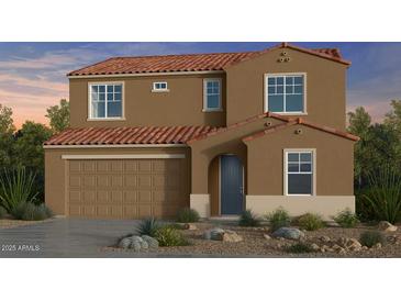 Two-story home featuring a Mediterranean-style design with a red tile roof, brown stucco, and a two-car garage at 7826 E Quartet Ave, Mesa, AZ 85212