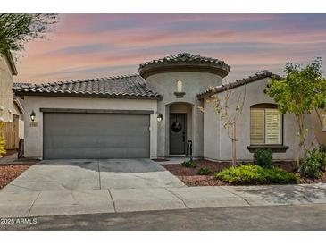 Inviting single-story home with a barrel tile roof, gray two-car garage, and charming round tower entry at 2169 N 212Th Ln, Buckeye, AZ 85396