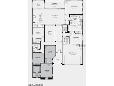 Detailed floor plan showcasing the layout of a home with a primary suite, bedrooms, kitchen, and living areas at 5147 N 177Th Ln, Litchfield Park, AZ 85340