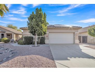 Well-kept house featuring a two-car garage, desert landscaping, and a beautiful tree in the front yard at 6071 S Topaz Pl, Chandler, AZ 85249