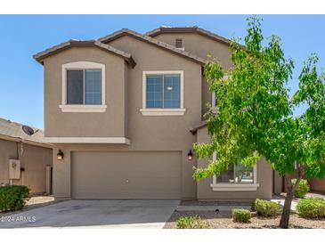 Two-story home featuring neutral stucco, complemented by a lush tree and a convenient two-car garage at 1021 W Vineyard Plains Dr, San Tan Valley, AZ 85143