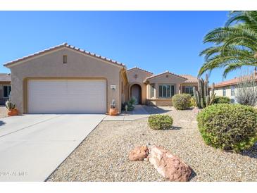 Charming single-story home featuring desert landscaping, a two-car garage, and a tile roof at 19212 N Tallowood Way, Surprise, AZ 85387