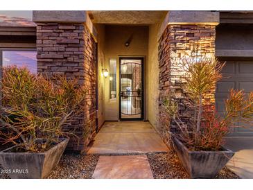 Inviting home entrance with brick accents, beautiful plants, and a security screen door at 29794 N Little Leaf Dr, San Tan Valley, AZ 85143