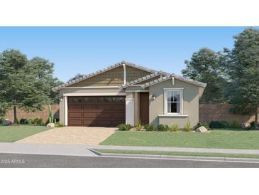Charming single-story home features a two-car garage, landscaped yard, and neutral color scheme at 5027 S 233Rd Dr, Buckeye, AZ 85326