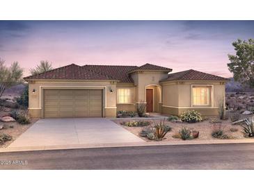 Beautiful single-story home with desert landscaping, a two-car garage, and a red tile roof at 26836 W Rosemonte Dr, Buckeye, AZ 85396