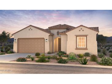 Inviting single-story home with desert landscaping, neutral tones, and a tile roof provides curb appeal at 657 W Rock Needle Trl, Apache Junction, AZ 85120