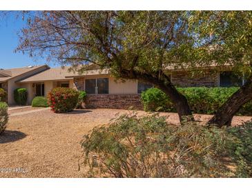 Charming home featuring low maintenance landscaping and a brick facade, nestled under the shade of mature trees at 13284 W Aleppo Dr, Sun City West, AZ 85375