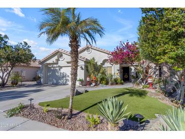 Charming home with manicured yard featuring mature palm trees and artful landscaping at 842 W Saragosa St, Chandler, AZ 85225