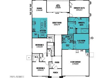 Well-designed floor plan featuring three bedrooms, owner's suite, flex room, kitchen, great room, and two-car garage at 25727 N 147Th Dr, Surprise, AZ 85387