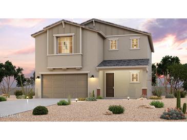 Charming two-story home featuring neutral stucco and siding, a two-car garage, and xeriscaping for low-maintenance curb appeal at 2675 E Dutchmans Trl, Apache Junction, AZ 85119