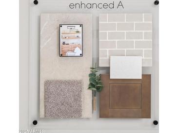 A designer color palette features flooring, stone counter, backsplash tile and a cabinet with wood finish at 15154 W Gray Fox Trl, Surprise, AZ 85387