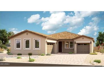 Charming single-story home featuring a terracotta roof, neutral stucco, desert landscaping, and a two-car garage at 21846 E Bonanza Ct, Queen Creek, AZ 85142