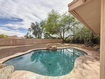 Backyard pool surrounded by desert landscaping, with rock features and shade trees at 5601 E Monte Cristo Ave, Scottsdale, AZ 85254
