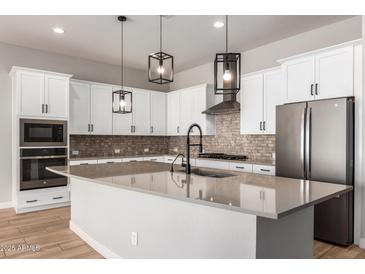Bright kitchen with white cabinetry, stainless steel appliances, and a spacious island with a sink at 16064 W Montana De Oro Dr, Surprise, AZ 85387