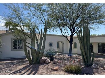 Charming single-story home with desert landscaping featuring cacti, trees, and gravel, enhancing curb appeal at 3907 E Marilyn Rd, Phoenix, AZ 85032