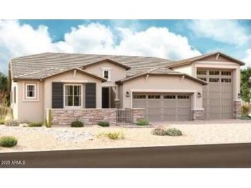 Charming single-story home with neutral tones, a three-car garage, and desert landscaping at 21689 E Saddle Way, Queen Creek, AZ 85142