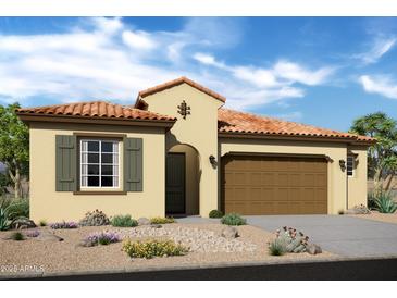 Charming single-story home featuring a tile roof, stucco exterior, and a two-car garage at 6094 N Sunrise Ln, Buckeye, AZ 85396